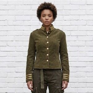 Military Style Corduroy Jacket Womens 6 Olive Gold Buttons Steampunk Epaulettes